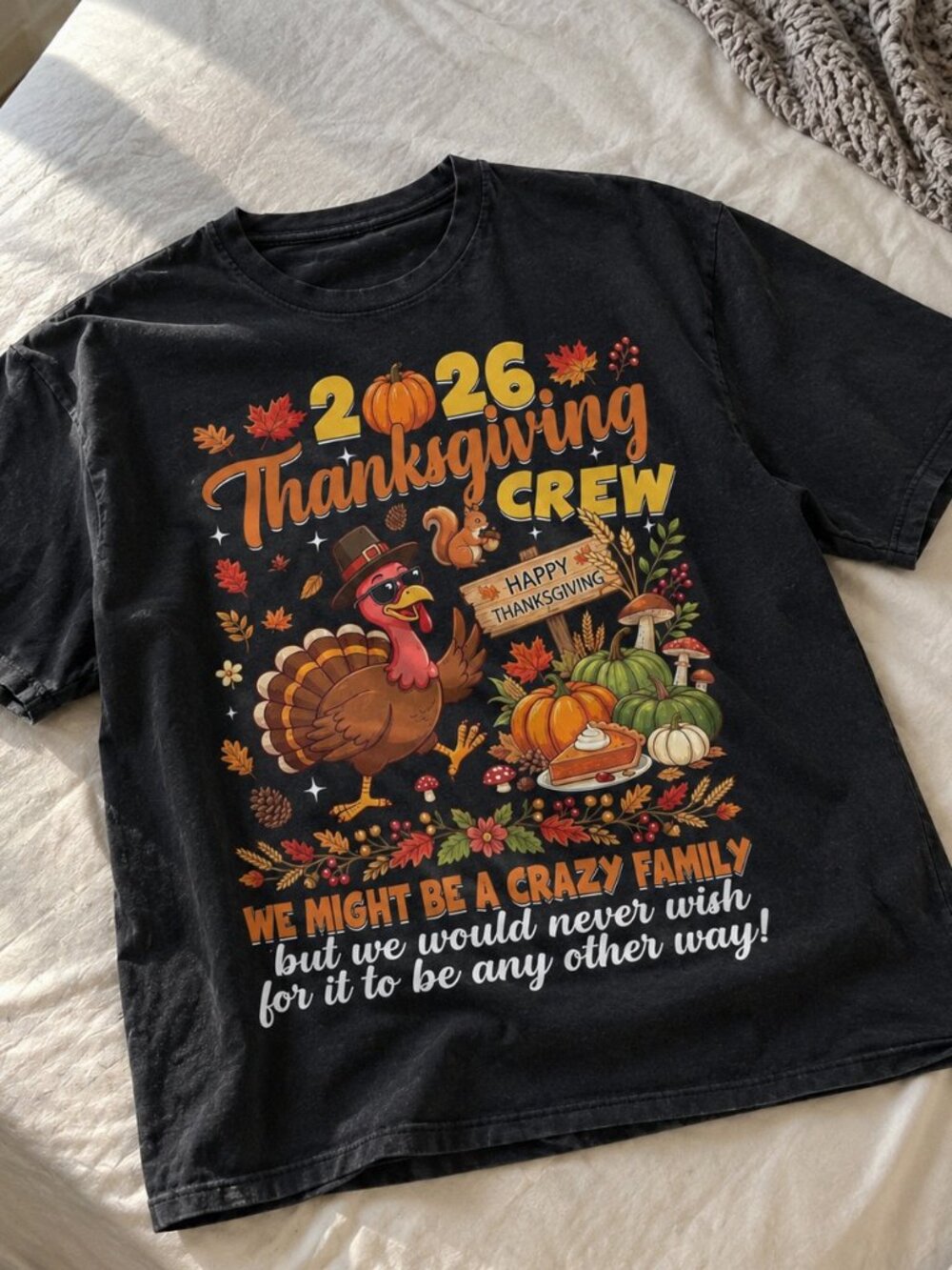 Thanksgiving Crew 2026 Crazy Family Turkey Black T-Shirt